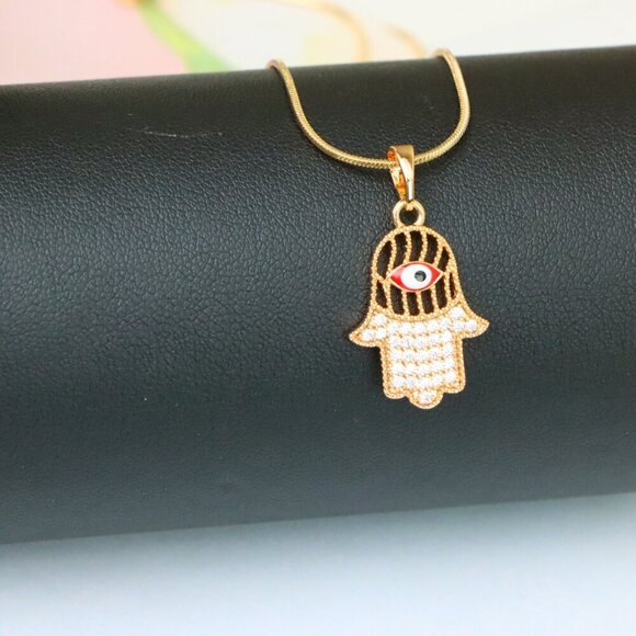 "Rose Gold Hamsa Hand Pendant with Evil Eye and Sparkling Stones, XPPT1386 - Picture 5 of 13